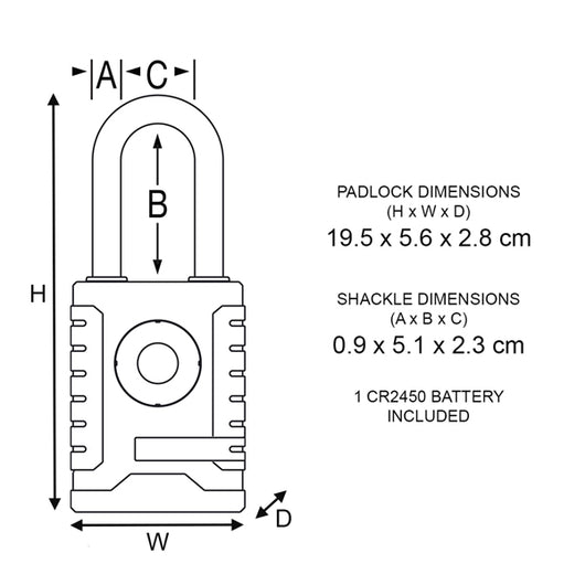 Technical drawing of the smart padlock with dimensions 