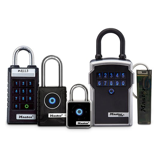 Set of electronic padlocks and key safes that connect to a single admin platform.