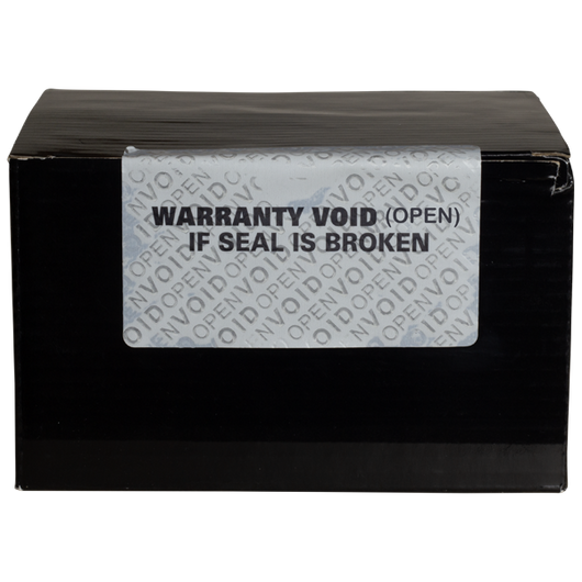Custom UV Security Label - voiding when removed sticker - on black box with a warranty label showing void message as it had been opened. 