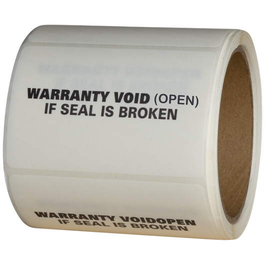 Roll of Custom UV Security Labels  with 'Warranty Void (Open) If Seal is Broken' text on a white sticker material. 