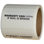Roll of Custom UV Security Labels  with 'Warranty Void (Open) If Seal is Broken' text on a white sticker material. 