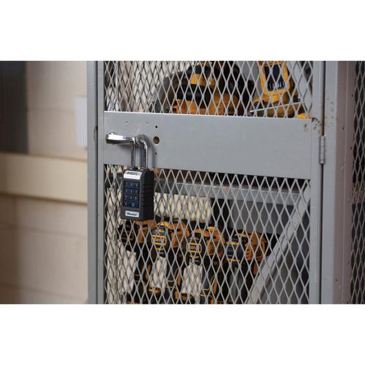 Metal storage locker with a smart padlock for security.