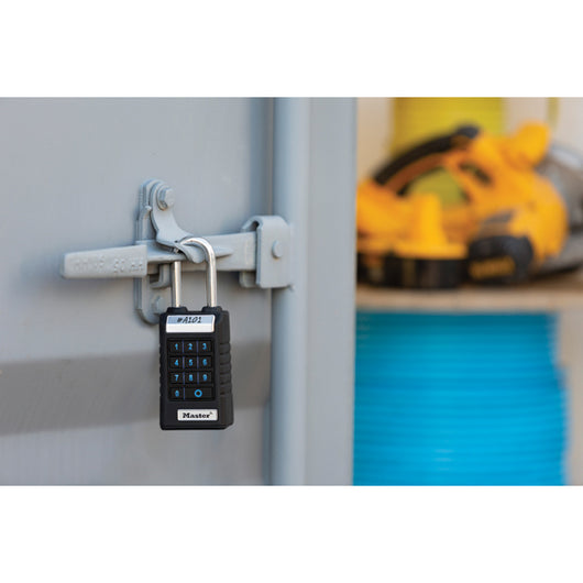 Smart Padlock attached to a metal cabinet.